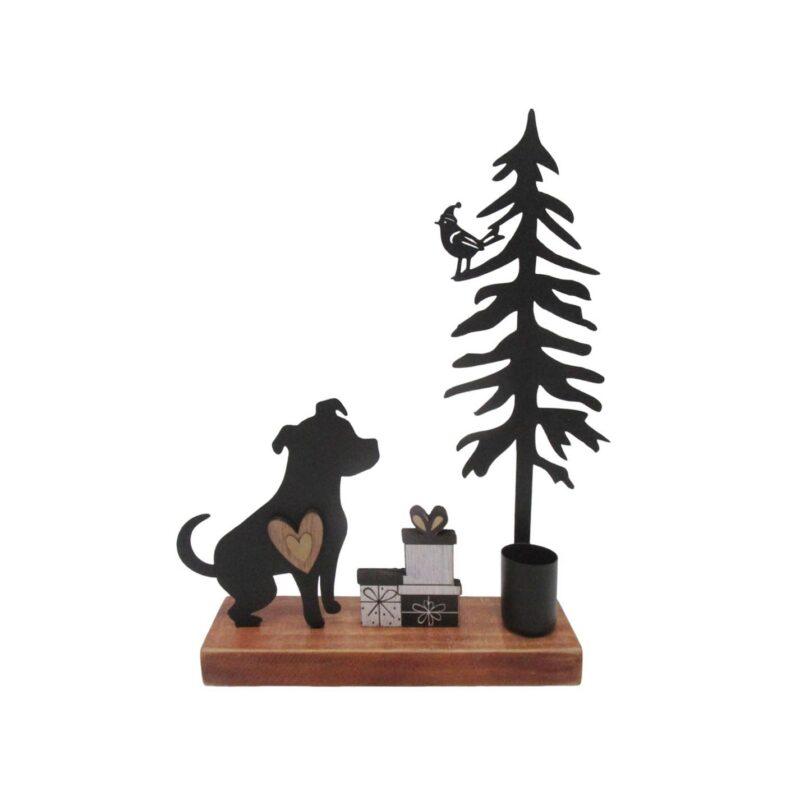 Metal Dog & Christmas Tree Tabletop Candle Holder - ...