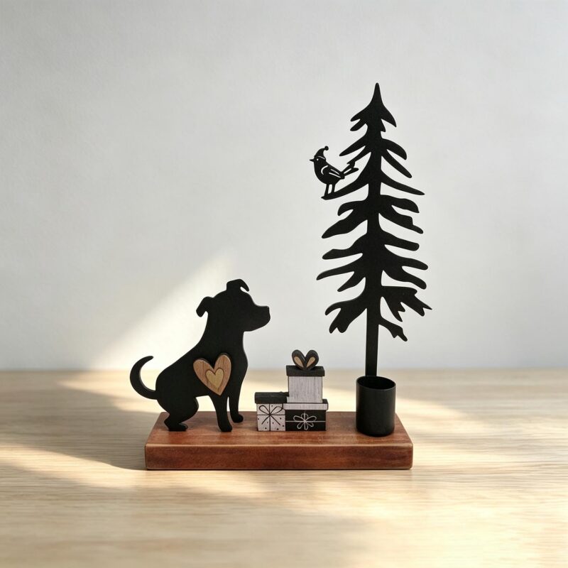 Metal Dog & Christmas Tree Tabletop Candle Holder - ...
