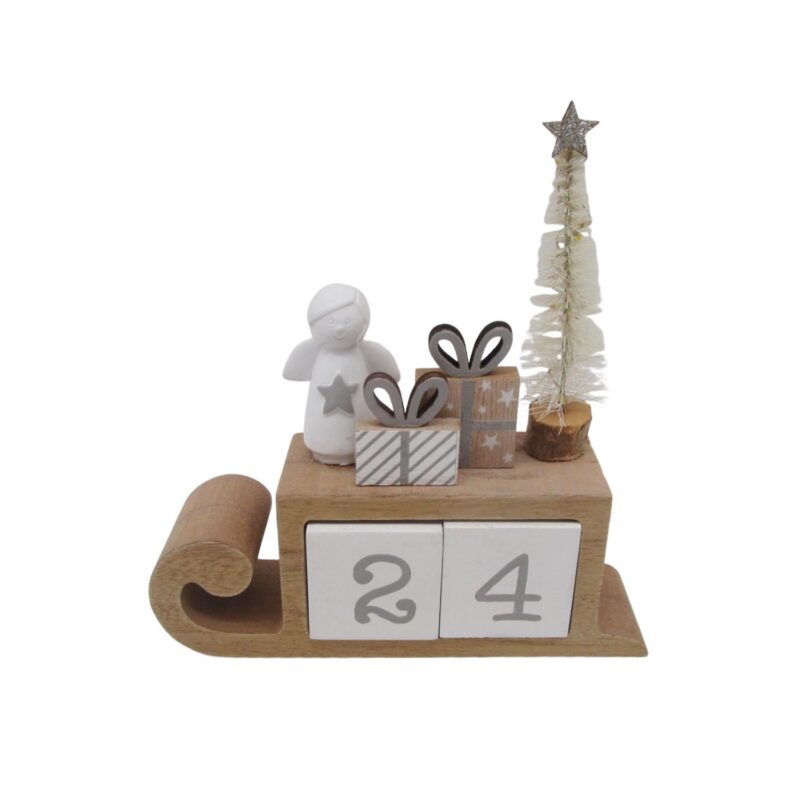 Wooden Sleigh Advent Calendar with Angel Figurine - Chris...
