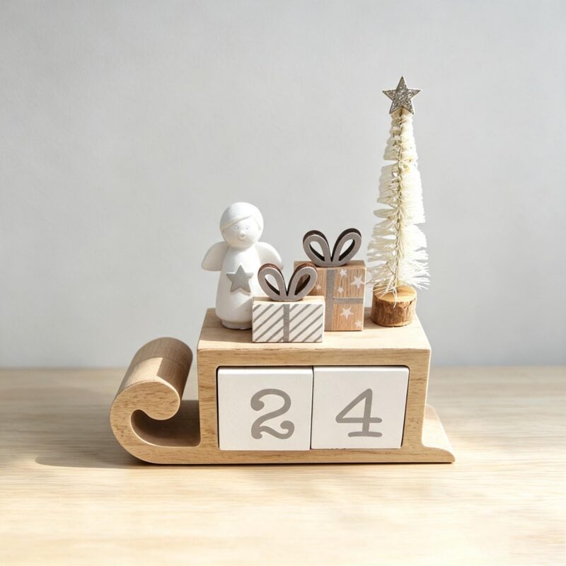 Wooden Sleigh Advent Calendar with Angel Figurine - Chris...
