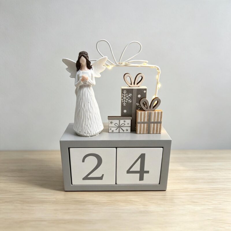 Wooden Block Advent Calendar with Angel Figurine & Light‑up Metal Frame...